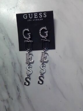 GUESS Silver Crystal Logo Drop Earrings - Silver Tone